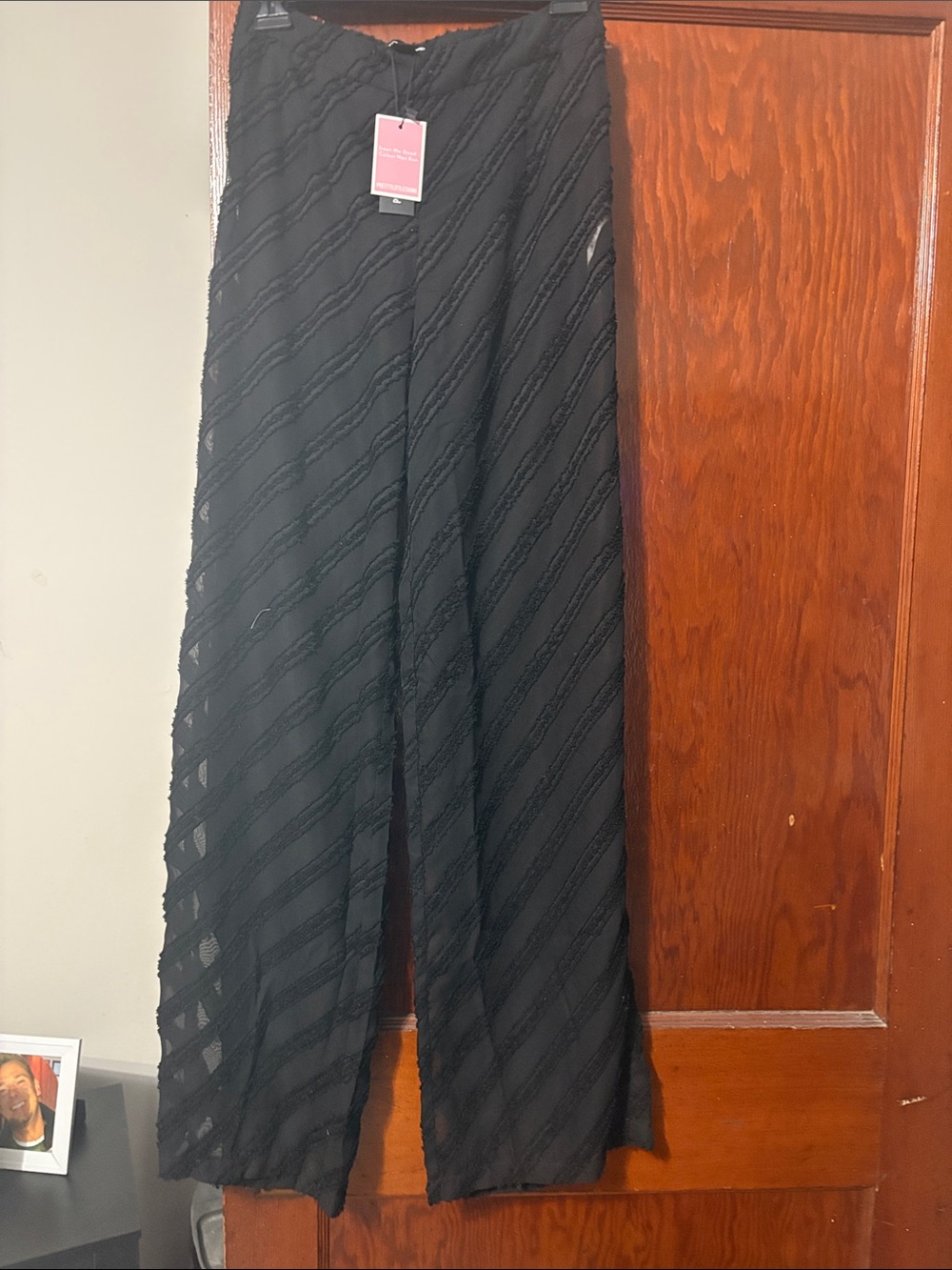 NWT!! PrettyLittleThing Black Satin Wide-Leg Pants with Lace Side Panels - Picture 3 of 3